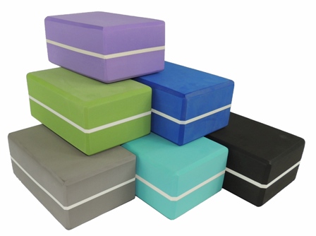 Yoga blcoks available in foam, cork, wood and 3inch and 4 inch sizes